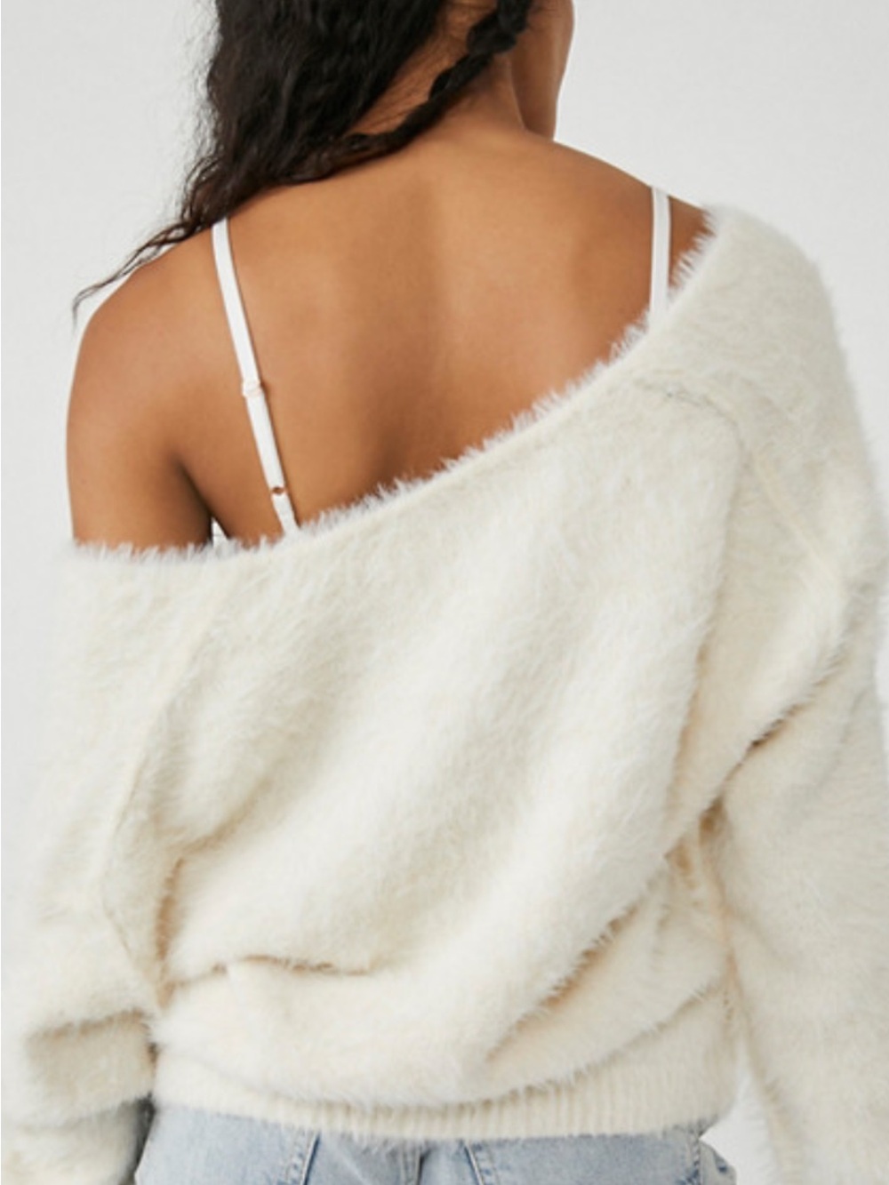 Free People Serendipity White Fuzzy Deep V-Neck Plush Sweater Oversized Size L
